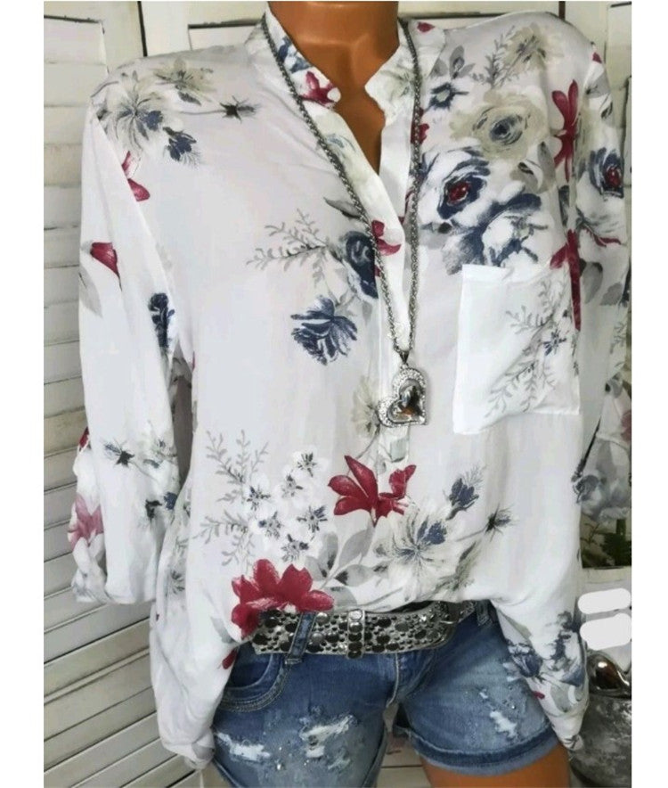 Printed Stand Collar Long Sleeve Blouse - 5XL Plus Size