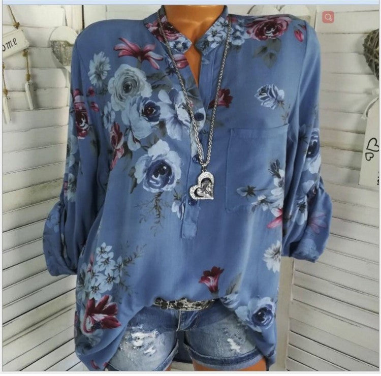 Printed Stand Collar Long Sleeve Blouse - 5XL Plus Size