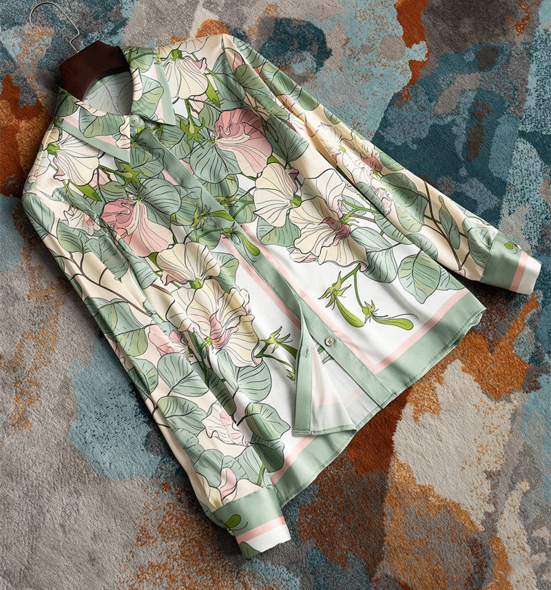 Lotus Printed Shirt Silk Elastic Force