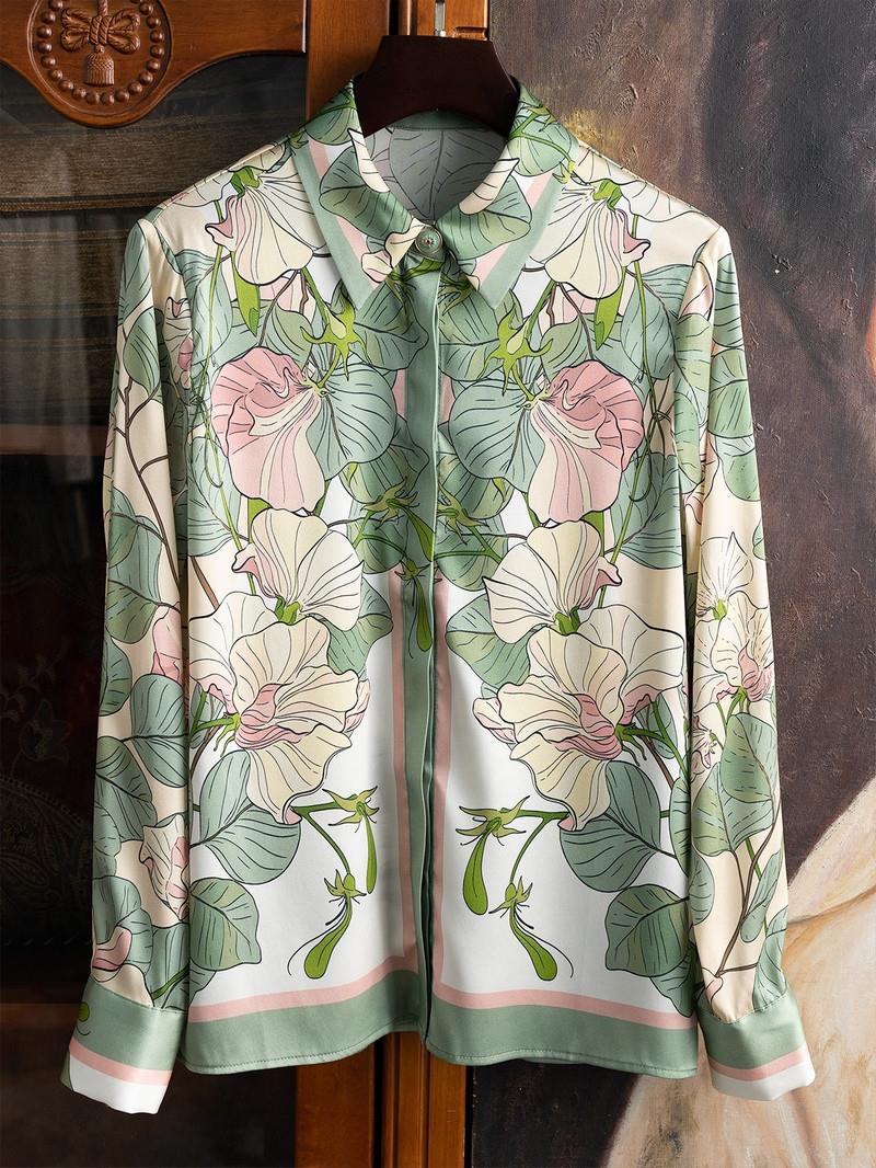 Lotus Printed Shirt Silk Elastic Force